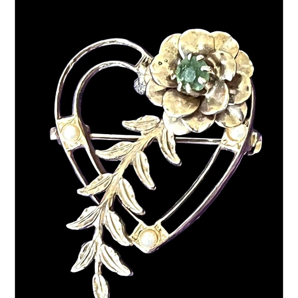 Vintage Heart & Flower Gold Brooch With Green and pearl Accents